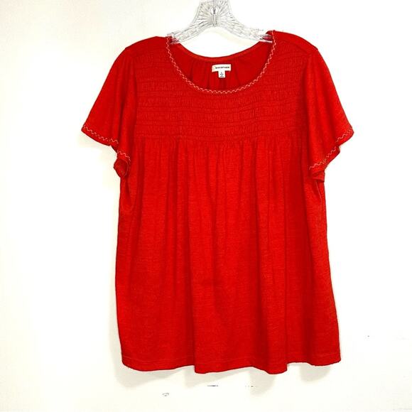 Max Studio Pullover Cherry Red Smocked Peasant Blouse Womens Large - Picture 1 of 5